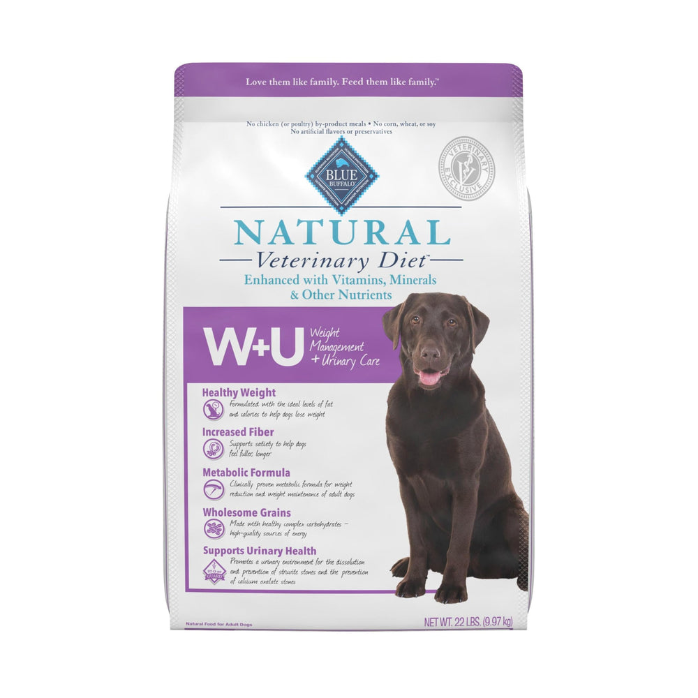 Blue Buffalo W+U bag front view showing weight management and urinary care features