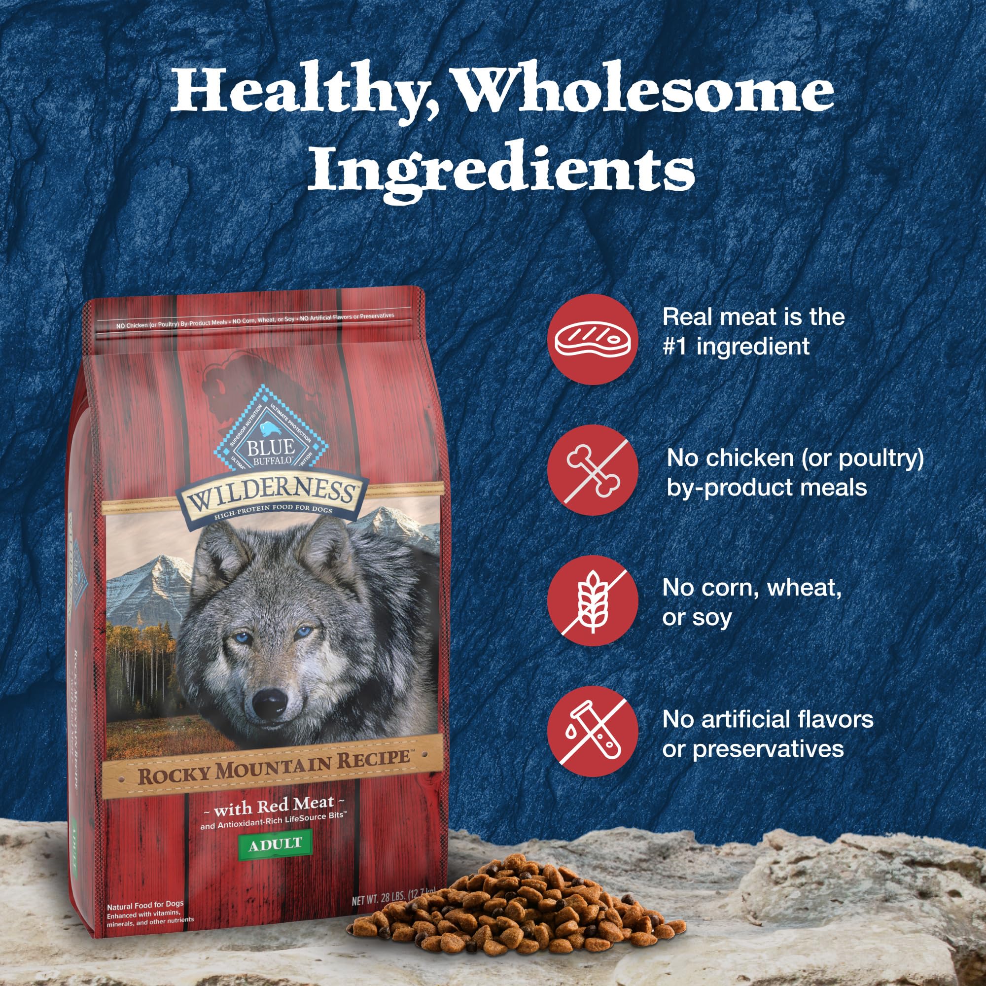 Blue Buffalo Wilderness 28-lb bag on shelf, convenient bulk feeding