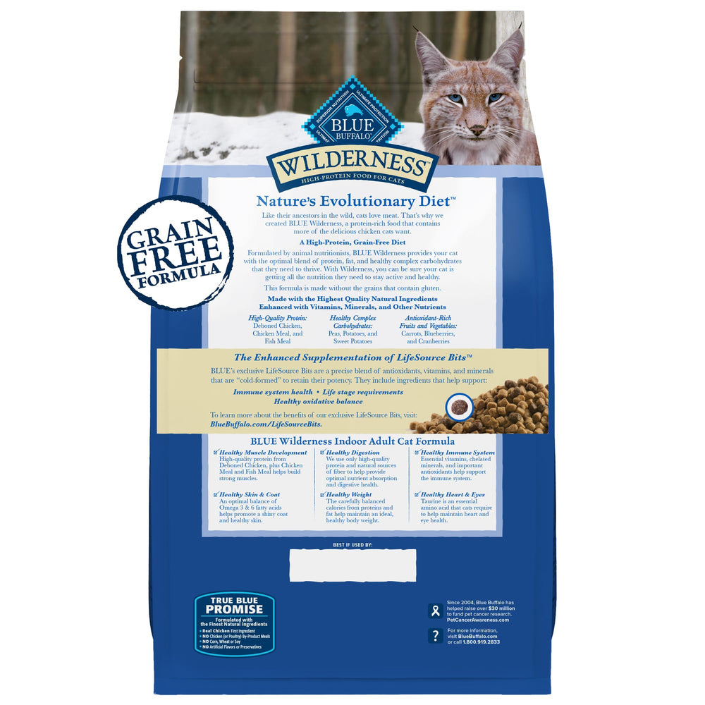 Blue Buffalo Wilderness bag back, showing ingredients and feeding guidelines.