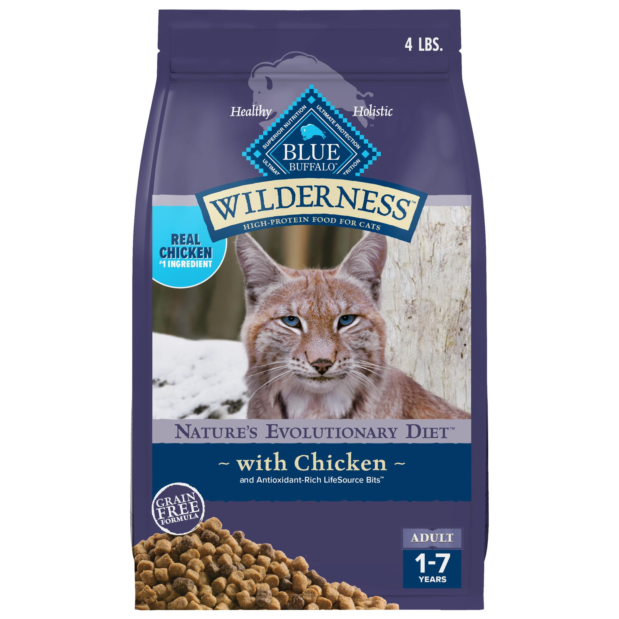 Blue Buffalo Wilderness chicken-first ingredient bag image supports protein-focused nutrition for adult cats.