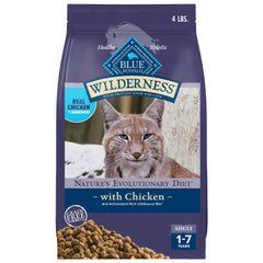 Blue Buffalo Wilderness chicken-first ingredient bag image supports protein-focused nutrition for adult cats.