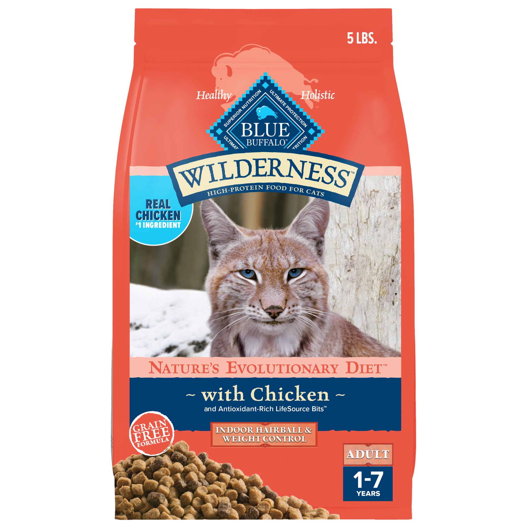 Blue Buffalo Wilderness front-pack highlights real chicken first ingredient for adult cats