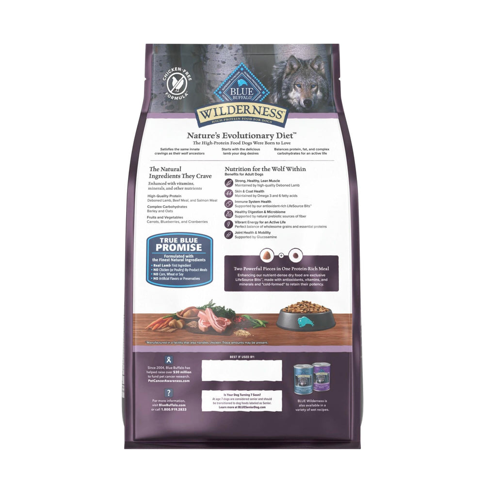Blue Buffalo Wilderness chicken-free formula kibble closeup highlights protein-rich option.