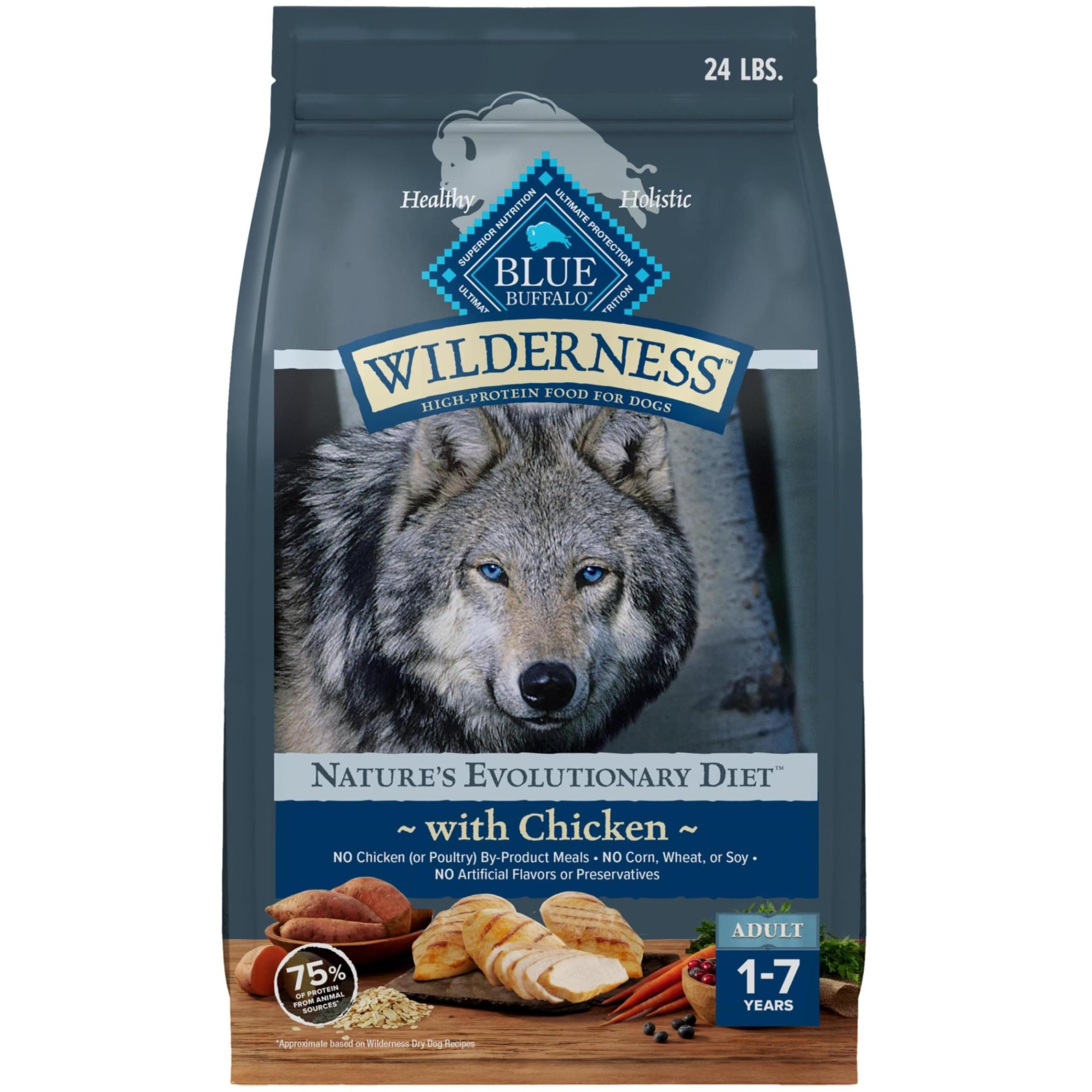 Blue Buffalo Wilderness 24lb bag displaying real chicken first for protein