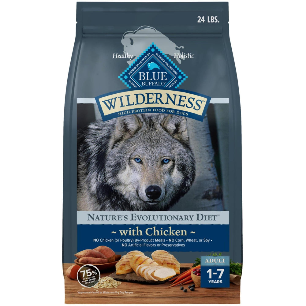 Blue Buffalo Wilderness 24lb bag displaying real chicken first for protein