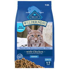 Blue Buffalo Wilderness chicken recipe bag front highlights real chicken first for adult cats.