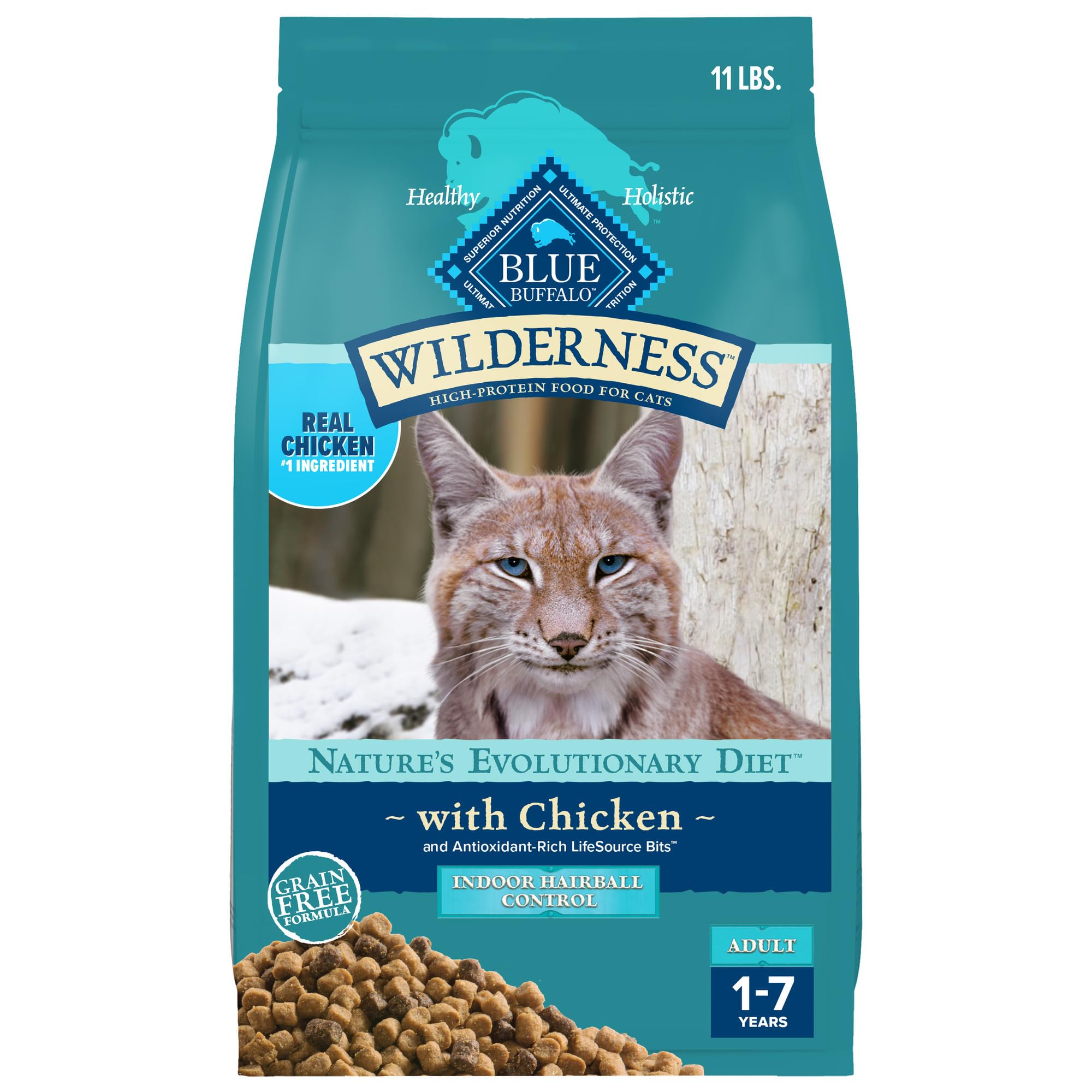 Blue Buffalo Wilderness chicken recipe bag shows real chicken and hairball-control benefits for adult cats.