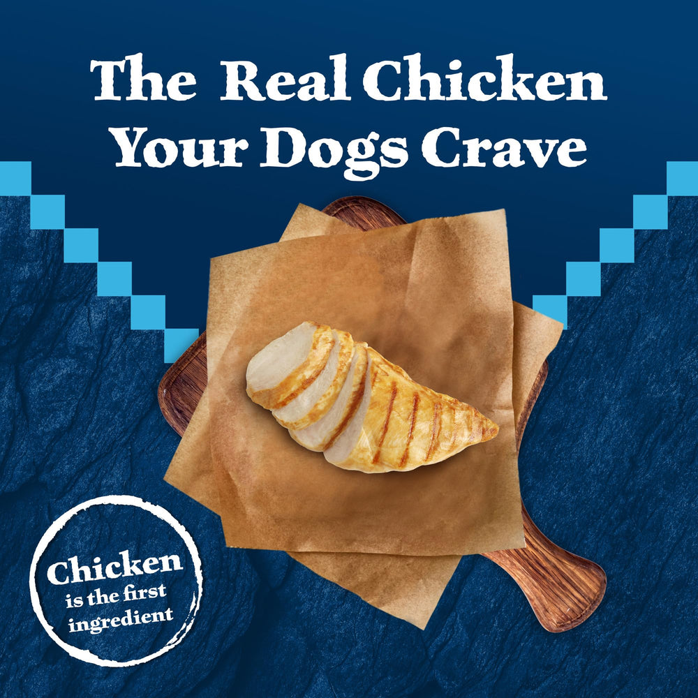 Blue Buffalo Wilderness chicken recipe ingredient chunks emphasize protein-rich nutrition.