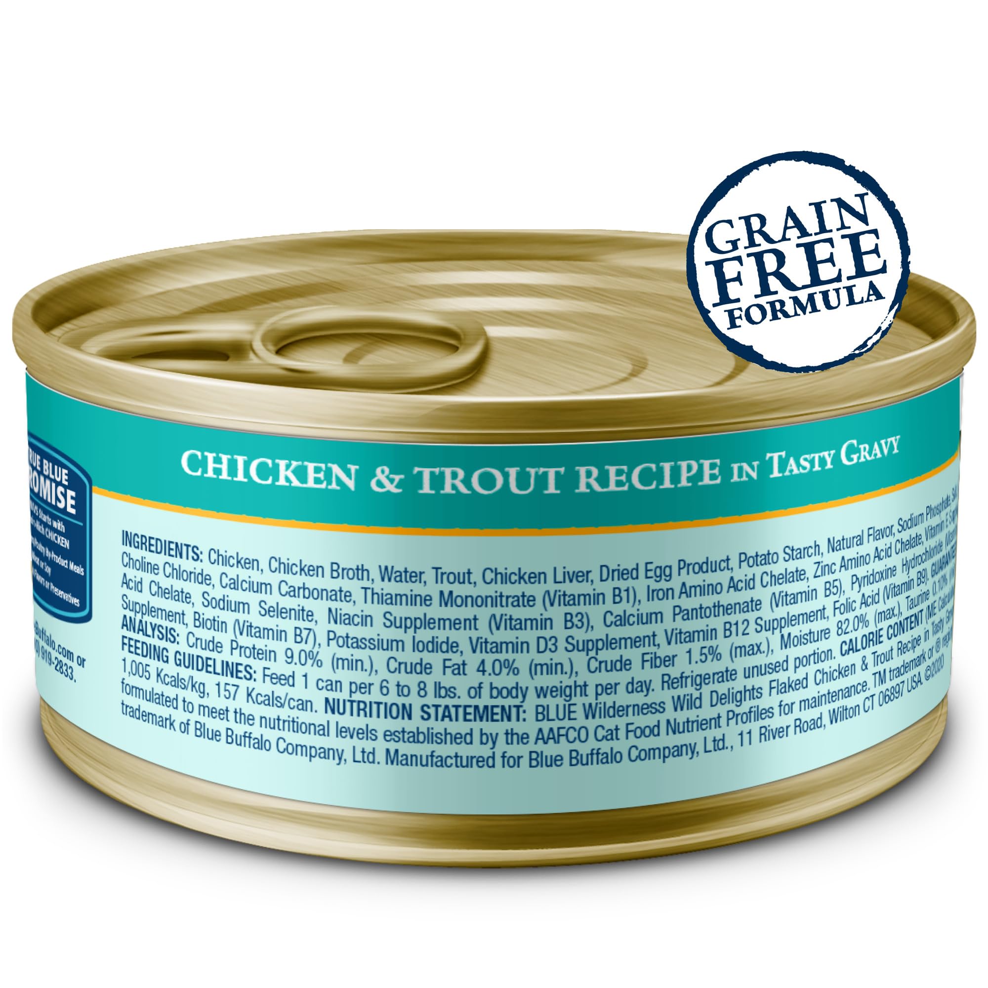 Blue Buffalo Wilderness chicken-trout in gravy shows tasty texture for hydration and palatability.