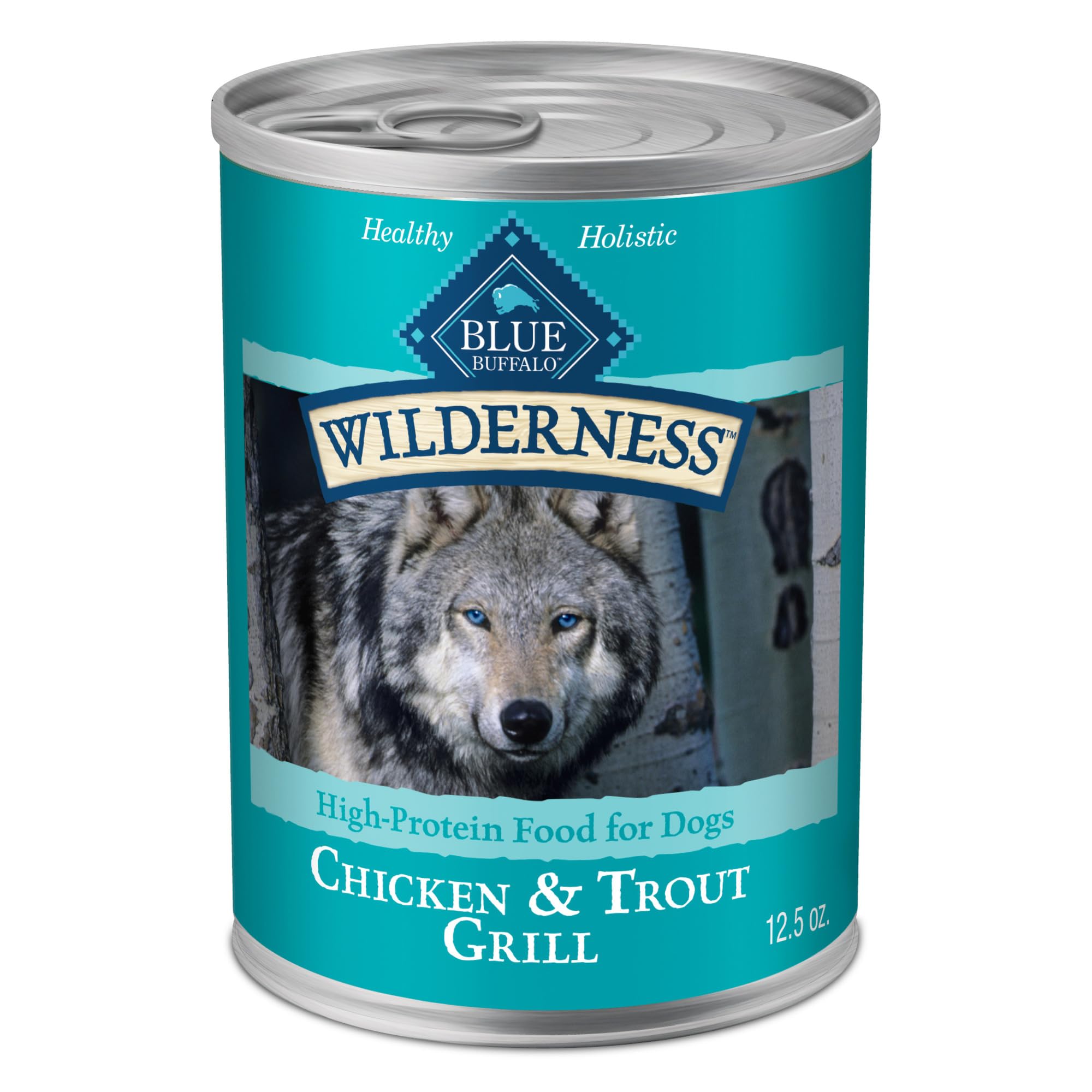 Blue Buffalo Wilderness Chicken & Trout Grill cans front view, high-protein wet dog food