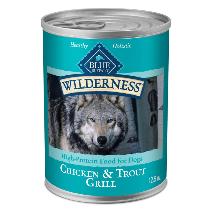 Blue Buffalo Wilderness Chicken & Trout Grill cans front view, high-protein wet dog food