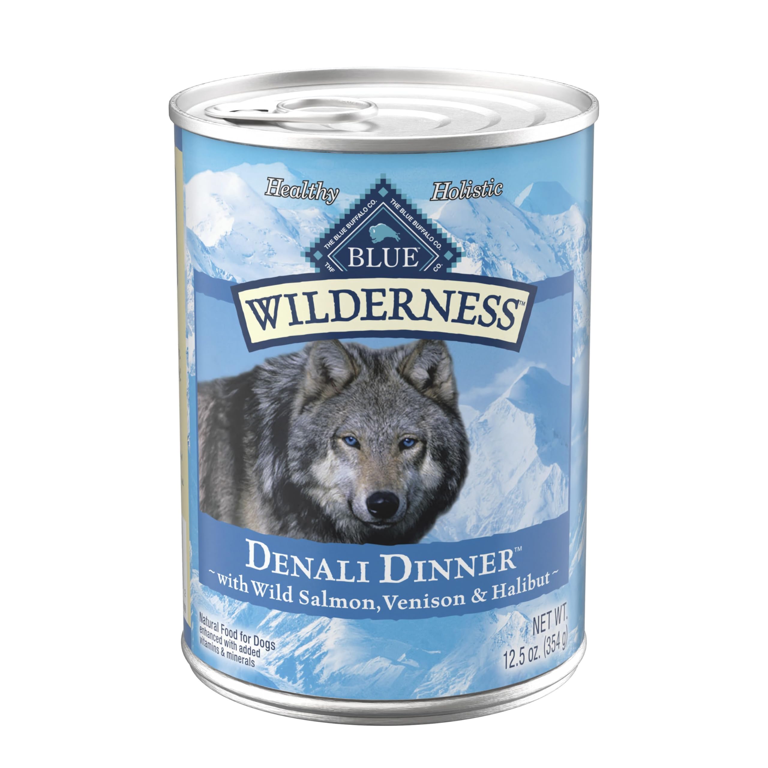 Blue Buffalo Wilderness Denali Dinner wet dog food can front view, high-protein and grain-free.