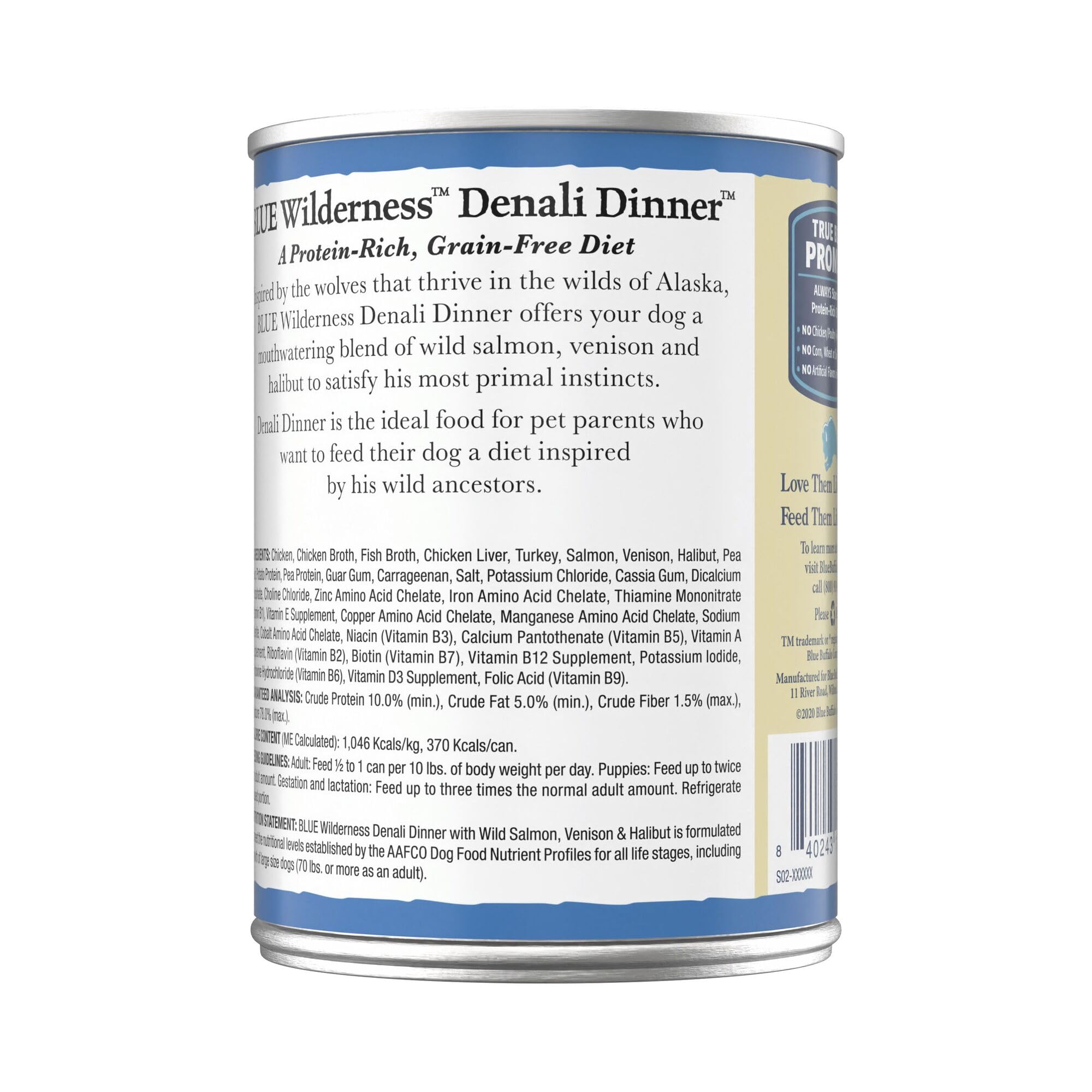 Blue Buffalo Denali Dinner can label highlights wild salmon, venison and halibut.