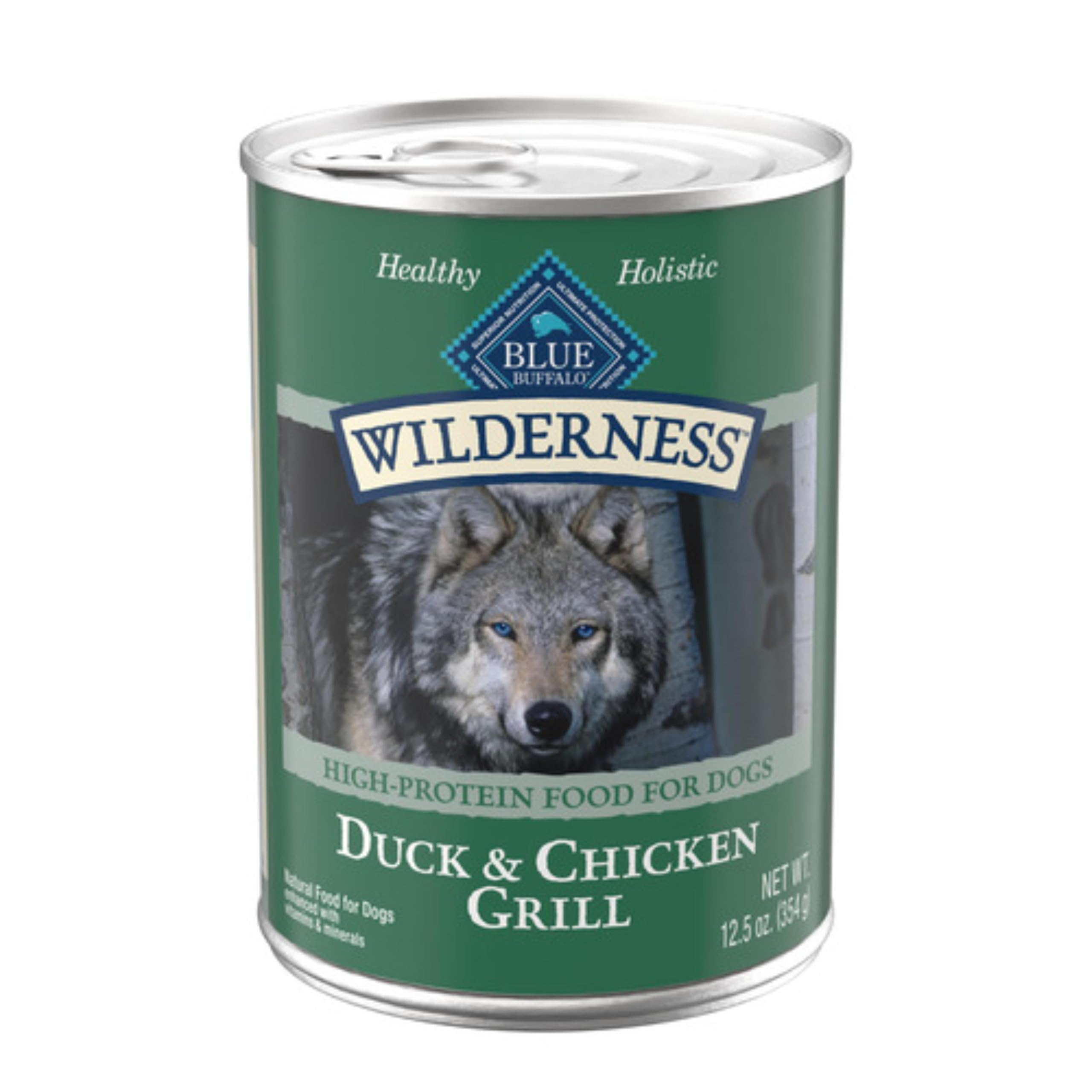 Blue Buffalo Wilderness Duck and Chicken Grill cans front view, protein-rich meal option for active dogs