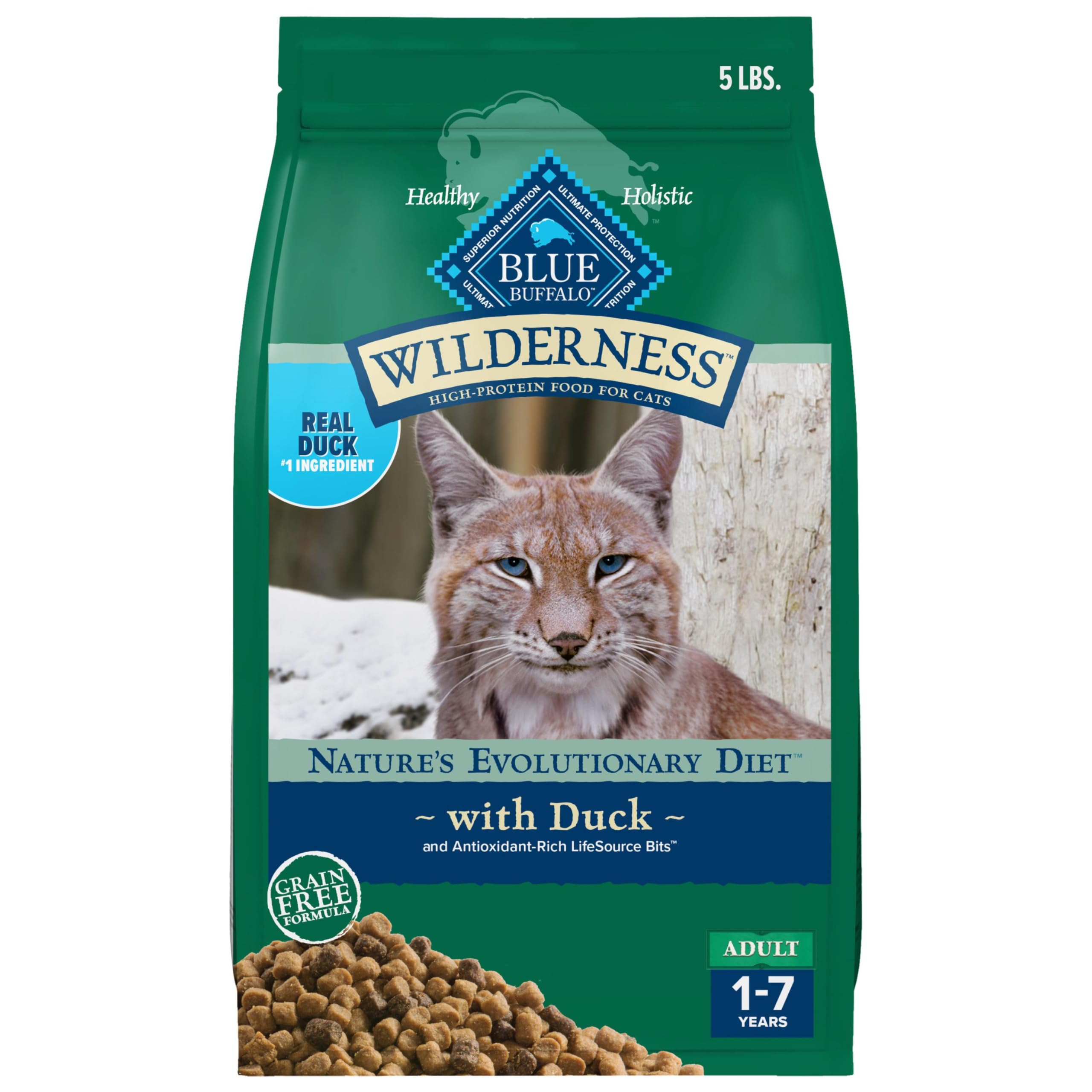 Blue Buffalo Wilderness duck-first-ingredient closeup highlighting real protein for adult cats