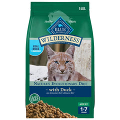 Blue Buffalo Wilderness duck-first-ingredient closeup highlighting real protein for adult cats