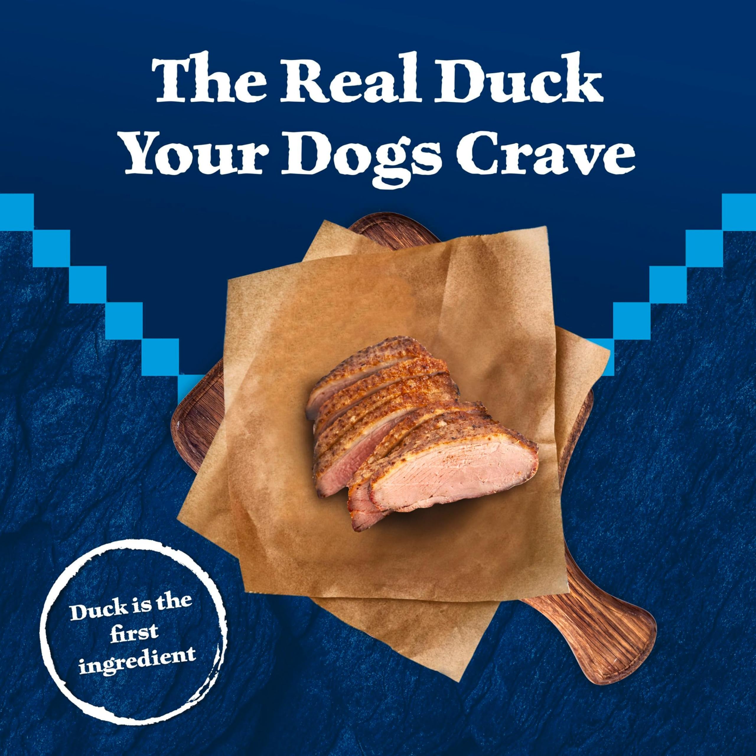 Blue Buffalo Wilderness Duck treat 36oz bag visible, convenient snack for families and dogs