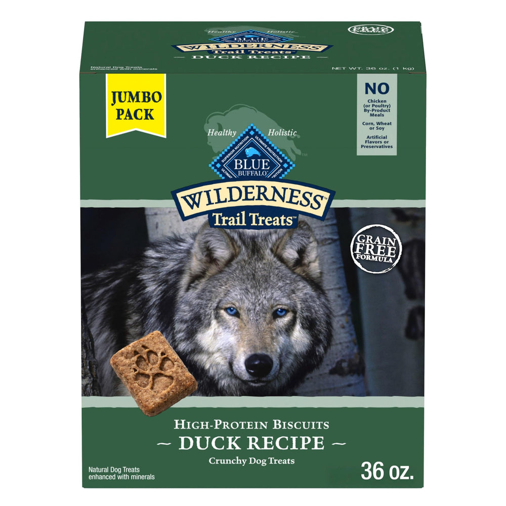 Blue Buffalo Wilderness packaging showcasing real duck first, a tasty reward for dogs