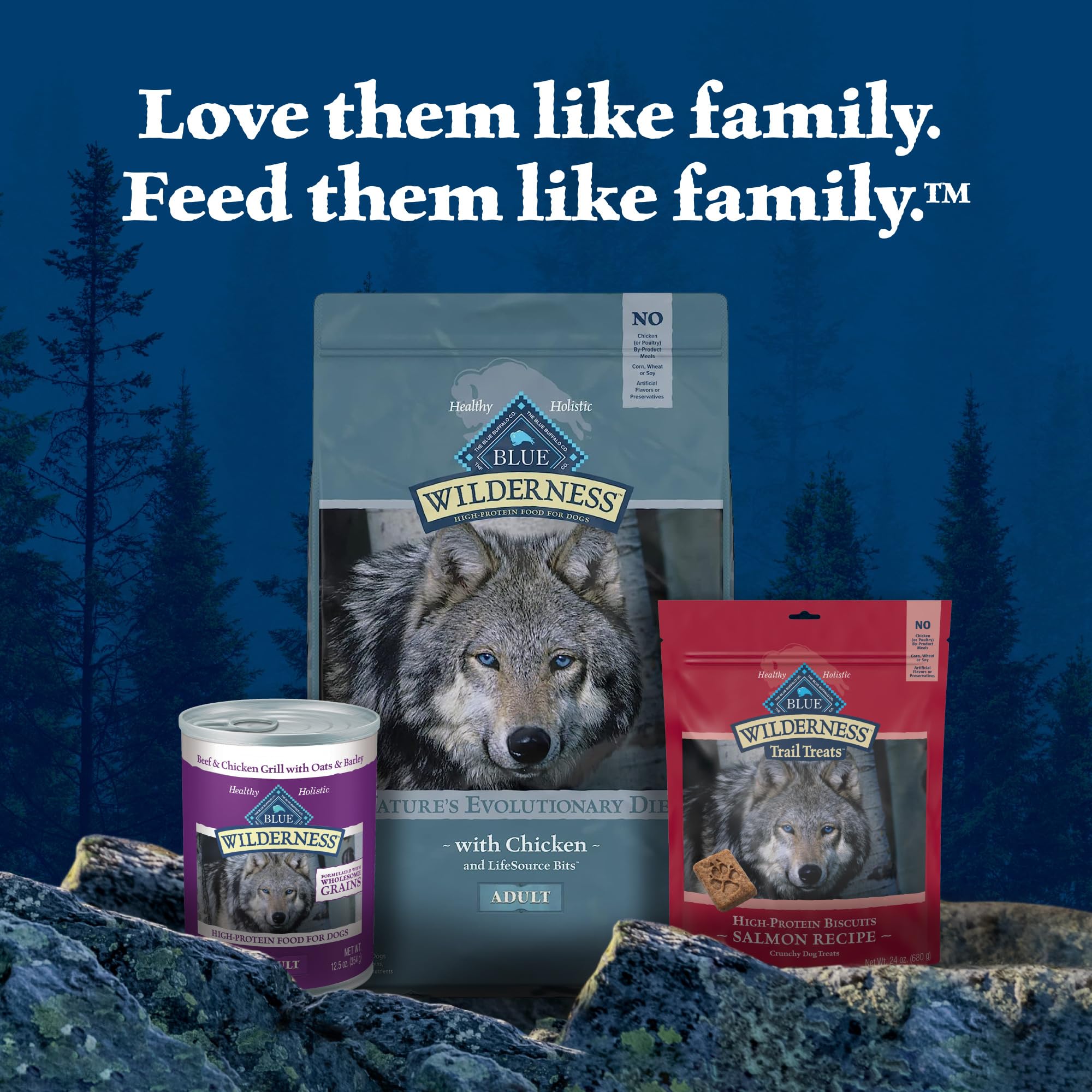 Blue Buffalo Wilderness packaging highlights ingredients and benefits for shoppers.