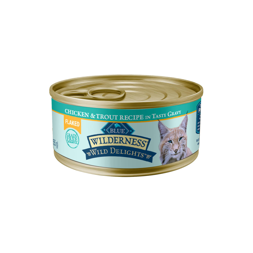 Blue Buffalo Wilderness flaked chicken and trout cans provide high-protein balance for active cats.