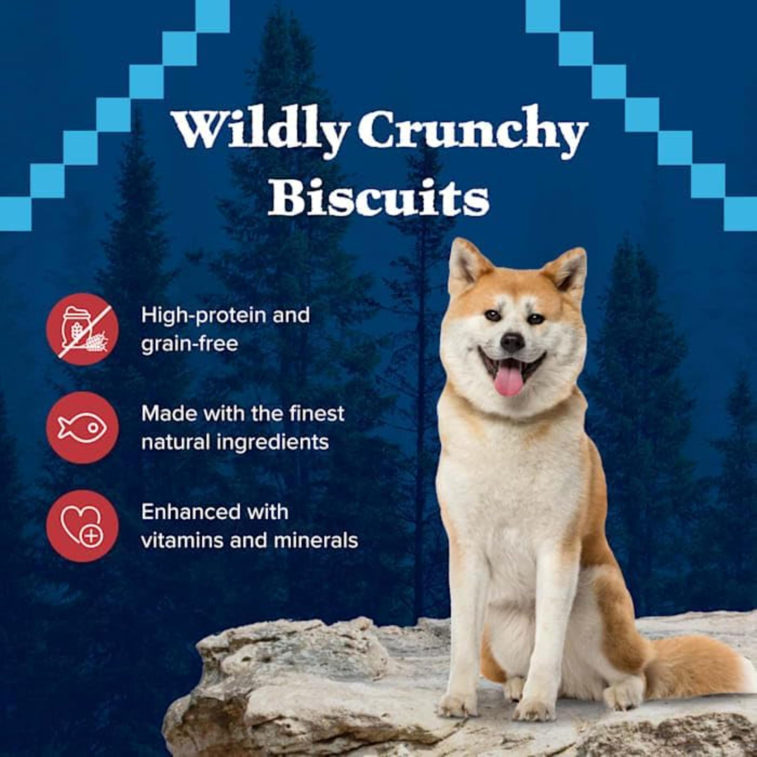 Blue Buffalo Wilderness grain-free biscuits image highlights safe, gluten-free dog treats.