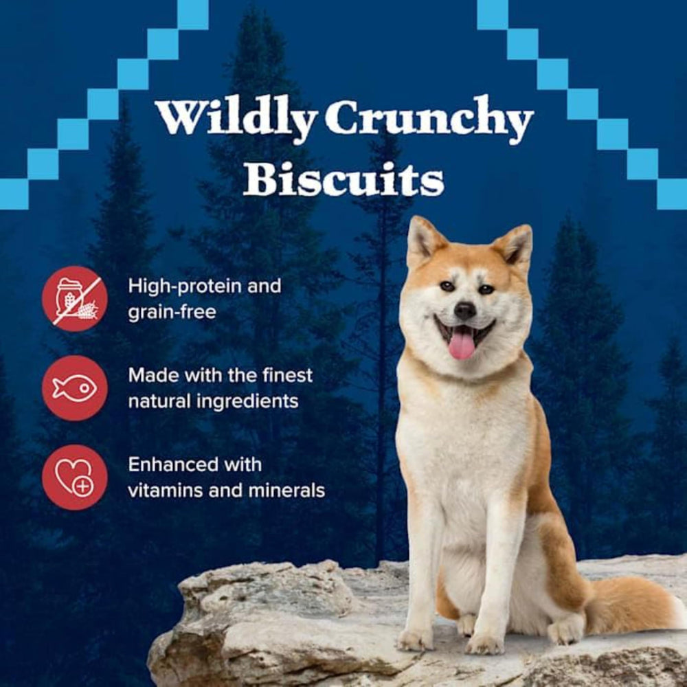 Blue Buffalo Wilderness grain-free biscuits image highlights safe, gluten-free dog treats.