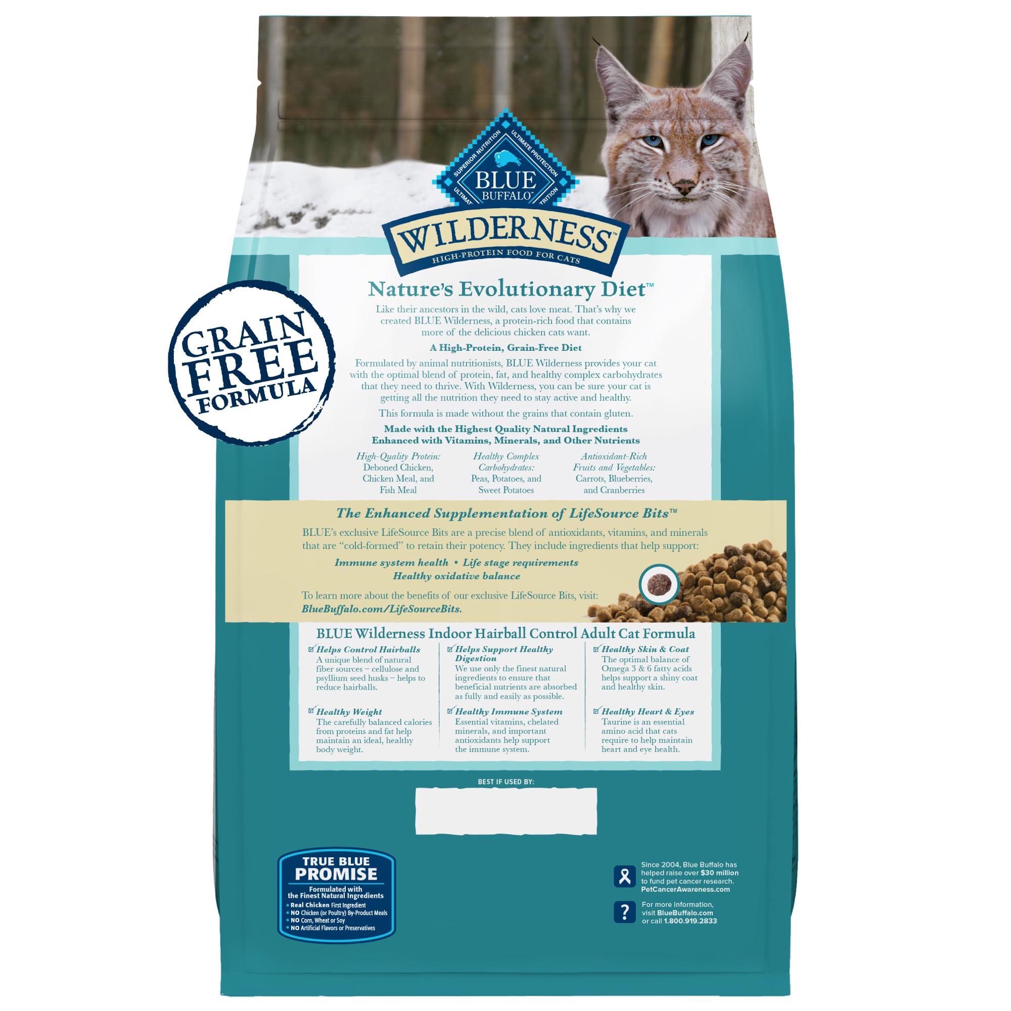 Blue Buffalo Wilderness hairball-control fibers help reduce hairballs in indoor cats