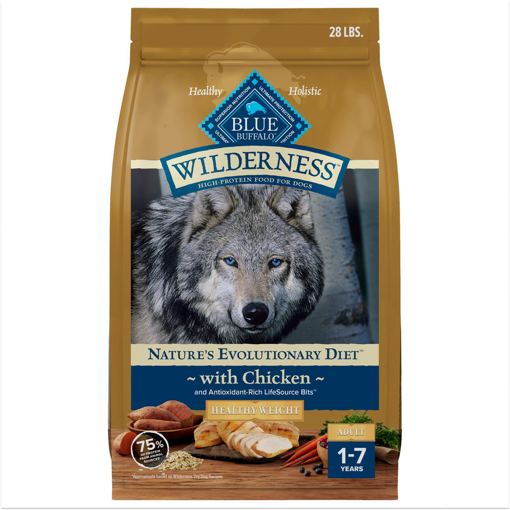 Blue Buffalo Wilderness Healthy Weight bag front shows real chicken and protein-rich nutrition.