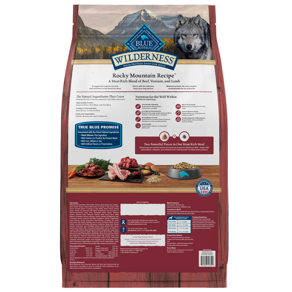 Blue Buffalo Wilderness high-protein beef kibble supports active large breeds.