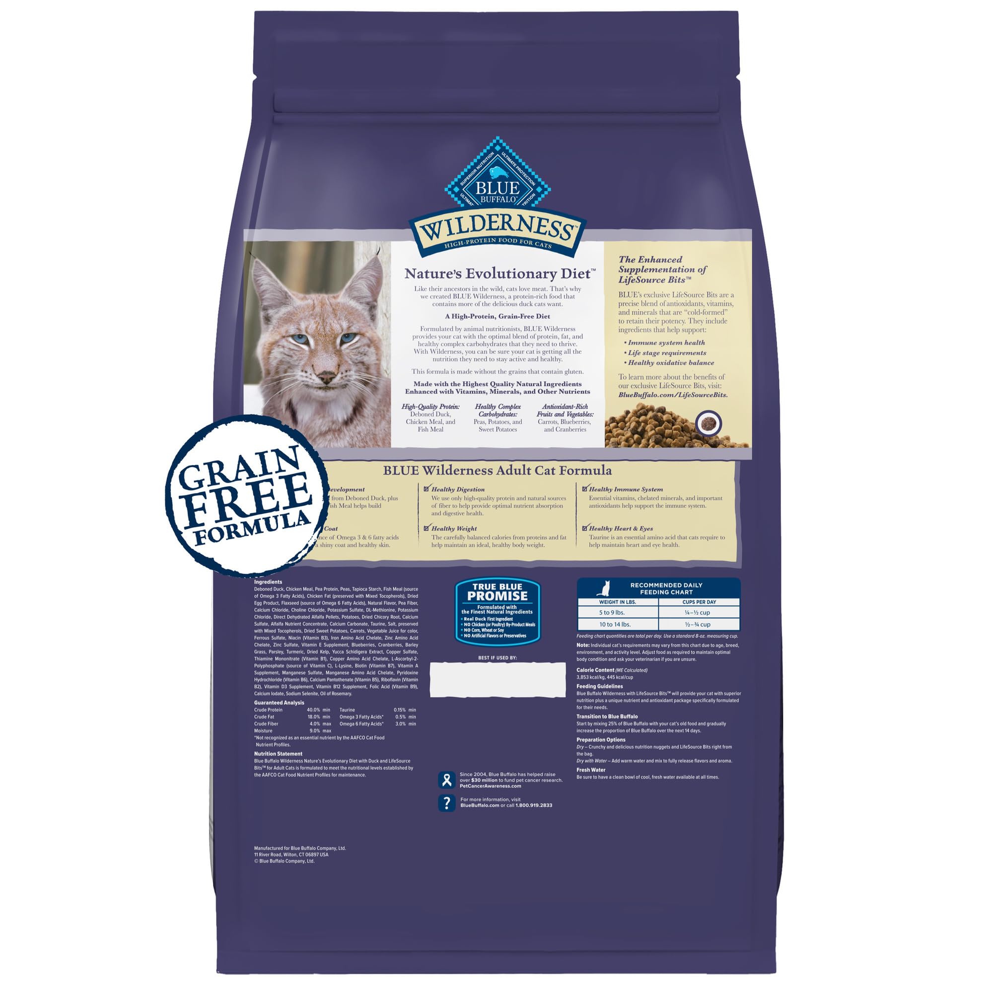 Blue Buffalo Wilderness high-protein dry cat food highlighting real chicken for adults.