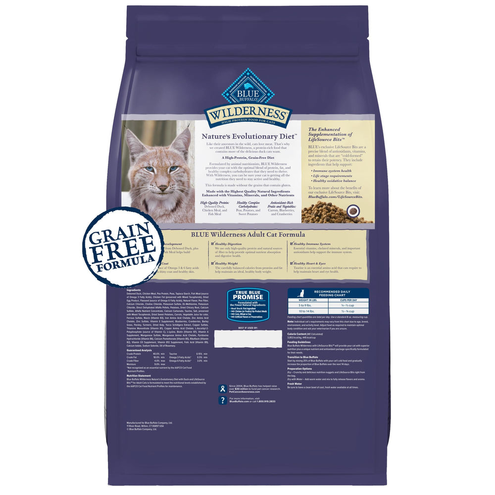 Blue Buffalo Wilderness high-protein dry cat food highlighting real chicken for adults.