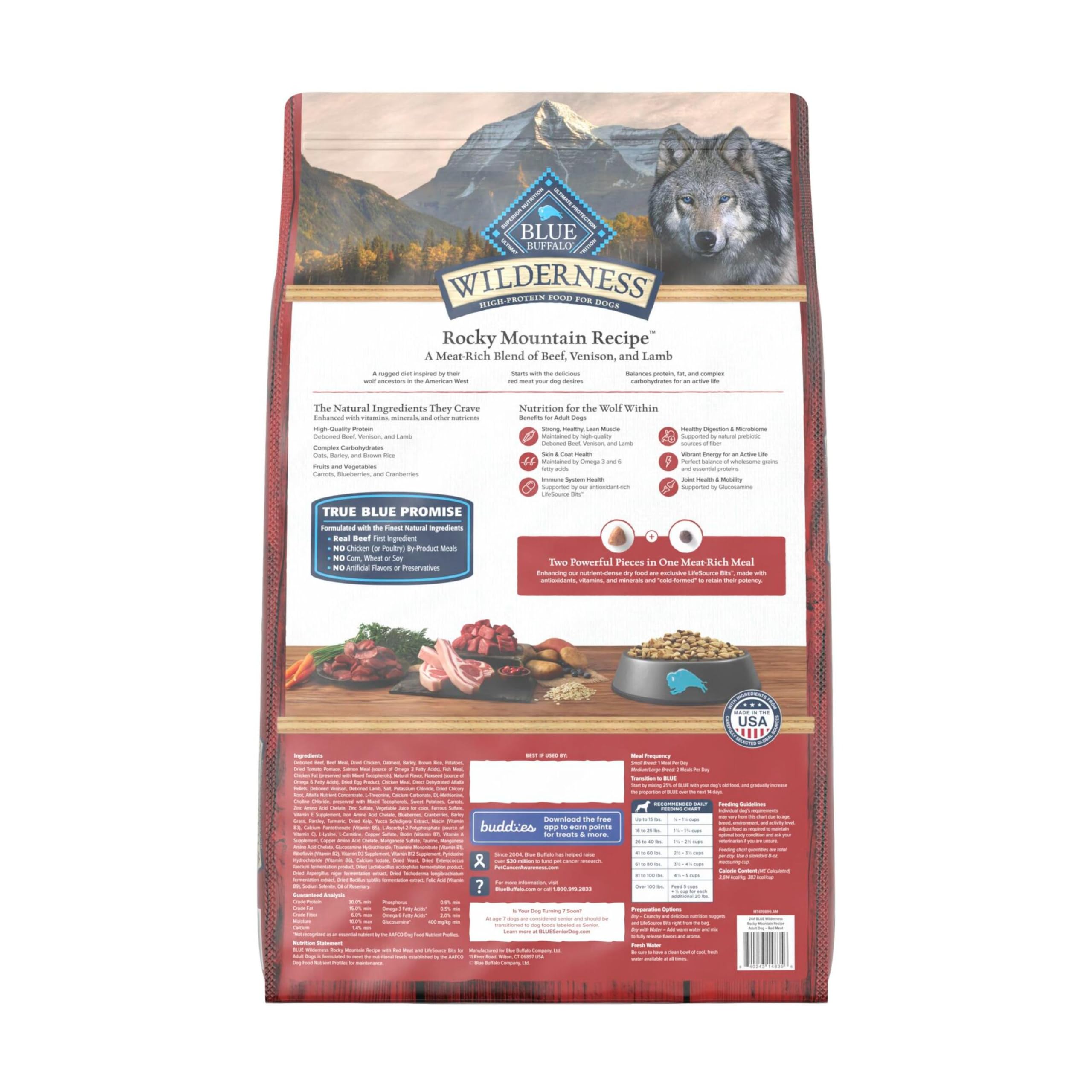 Blue Buffalo Wilderness high-protein dry kibble close-up emphasizes energy for workouts