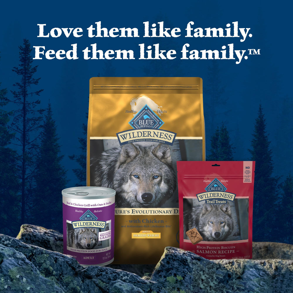 Blue Buffalo Wilderness high-protein recipe supports active dogs with protein-rich nutrition.