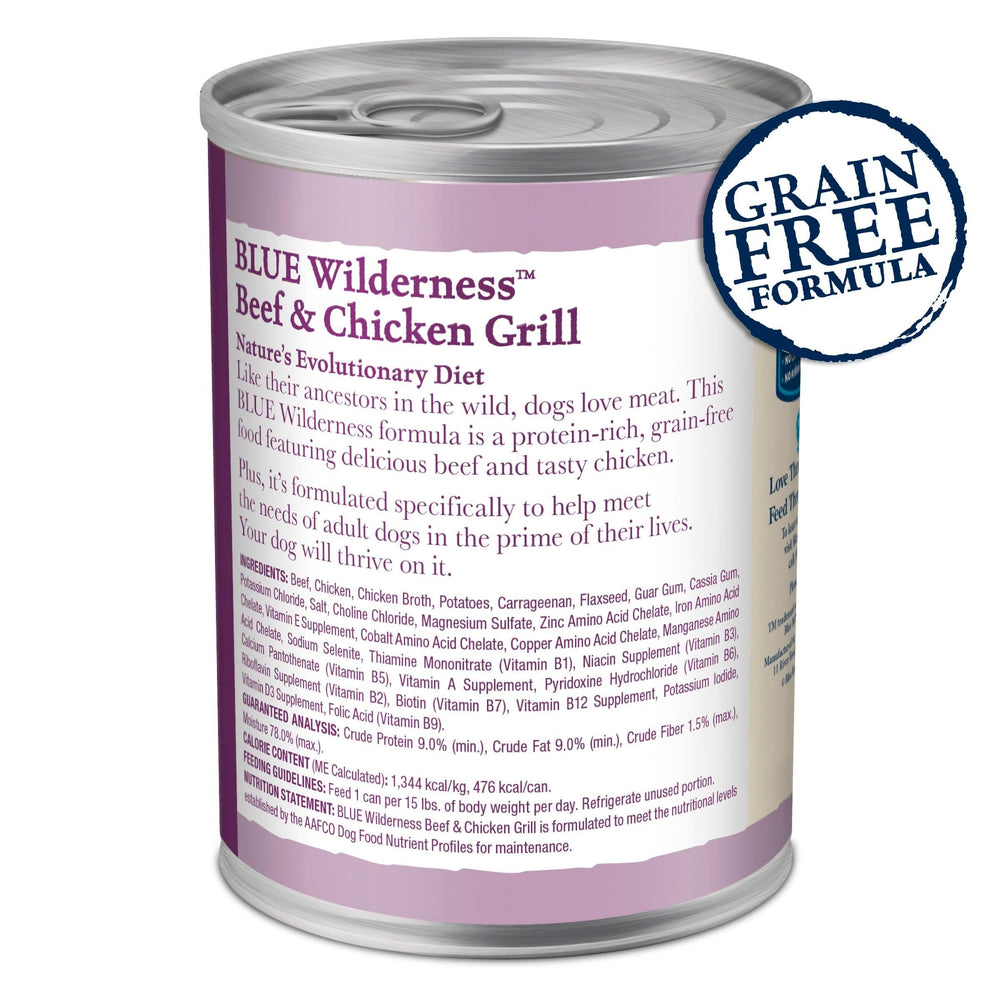 Blue Buffalo Wilderness high-protein wet dog food can emphasizing grain-free formula for active dogs.