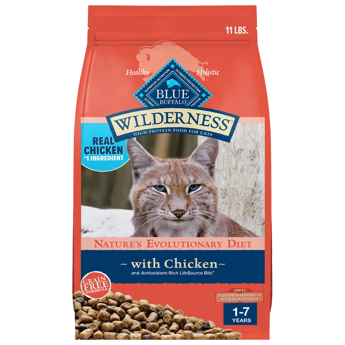 Blue Buffalo Wilderness Indoor Hairball Bag helps reduce hairballs in indoor cats.