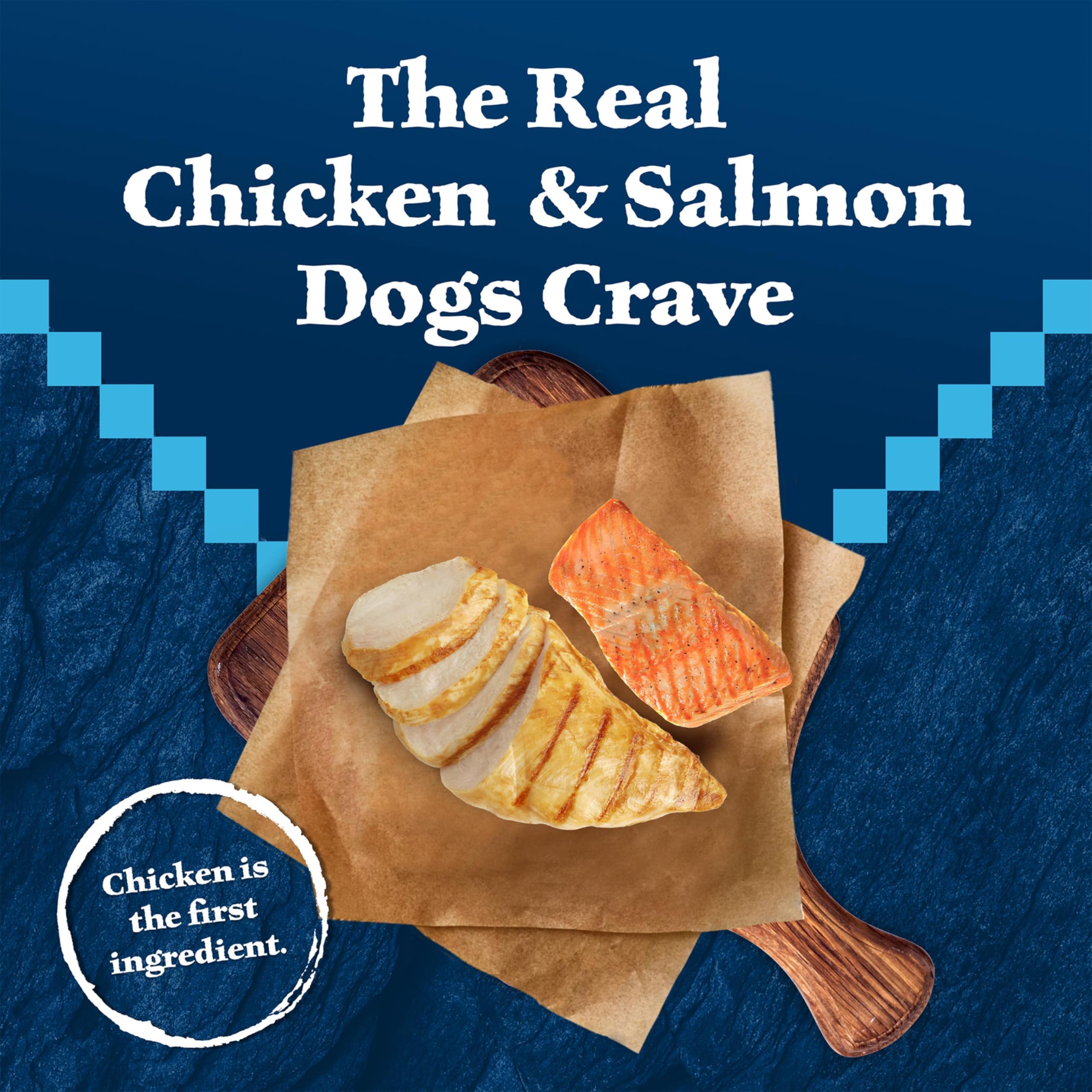 Close-up of salmon and chicken ingredients in Blue Buffalo Wilderness formula.