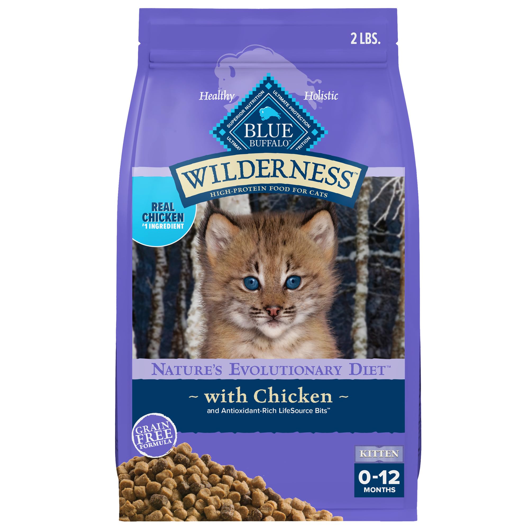 Blue Buffalo Wilderness kitten dry food bag highlights real chicken as the first ingredient for balanced growth.