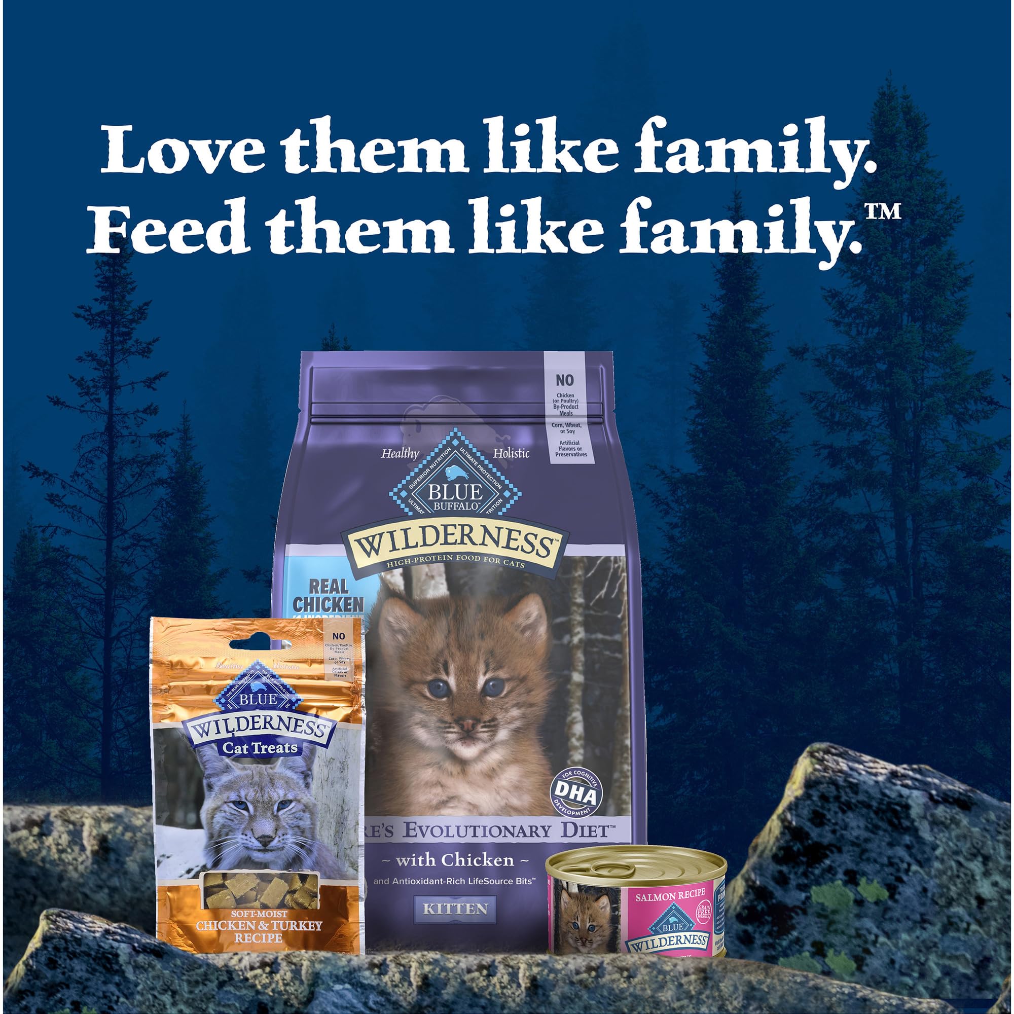 Blue Buffalo Wilderness packaging shows ingredient highlights and benefits