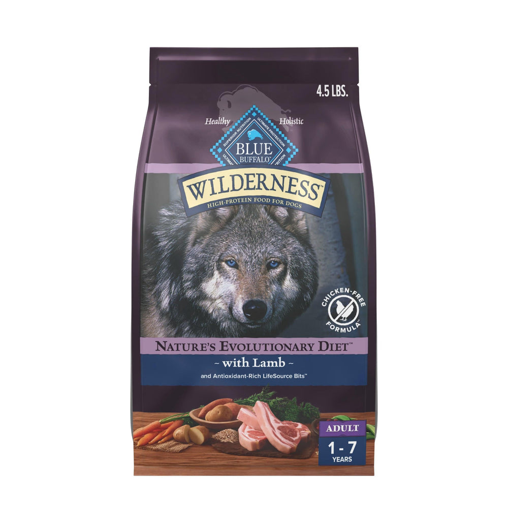 Blue Buffalo Wilderness lamb-first ingredient bag highlights protein-rich feed for active dogs.