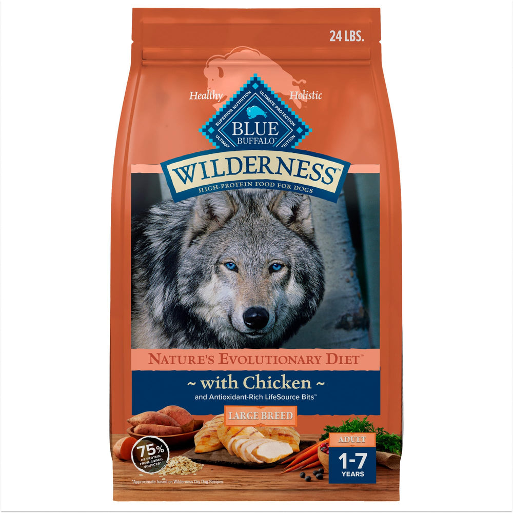 Blue Buffalo Wilderness Large Breed bag front shows real chicken formula for energy.