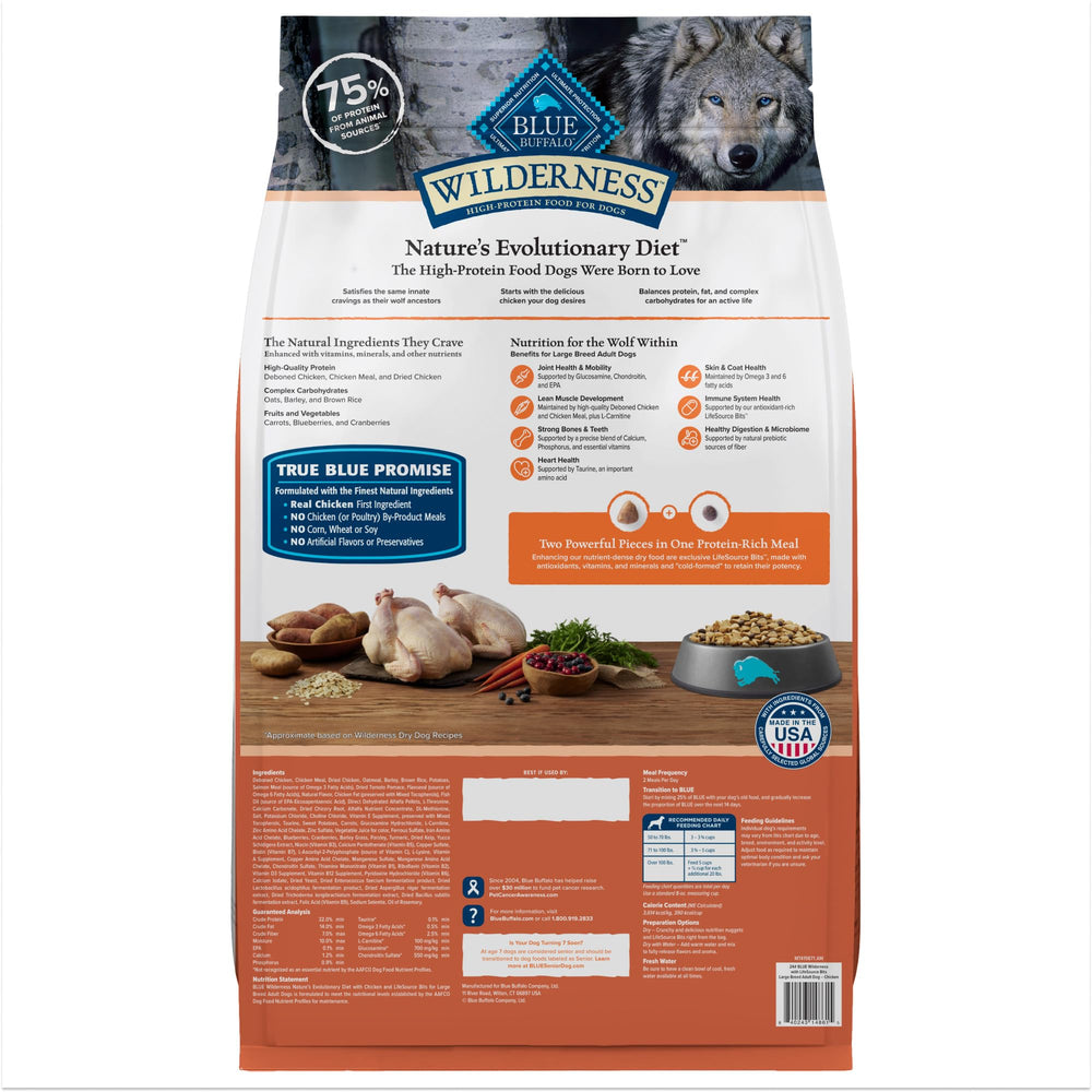 Blue Buffalo Wilderness Large Breed chicken ingredient close-up highlights protein-rich nutrition.