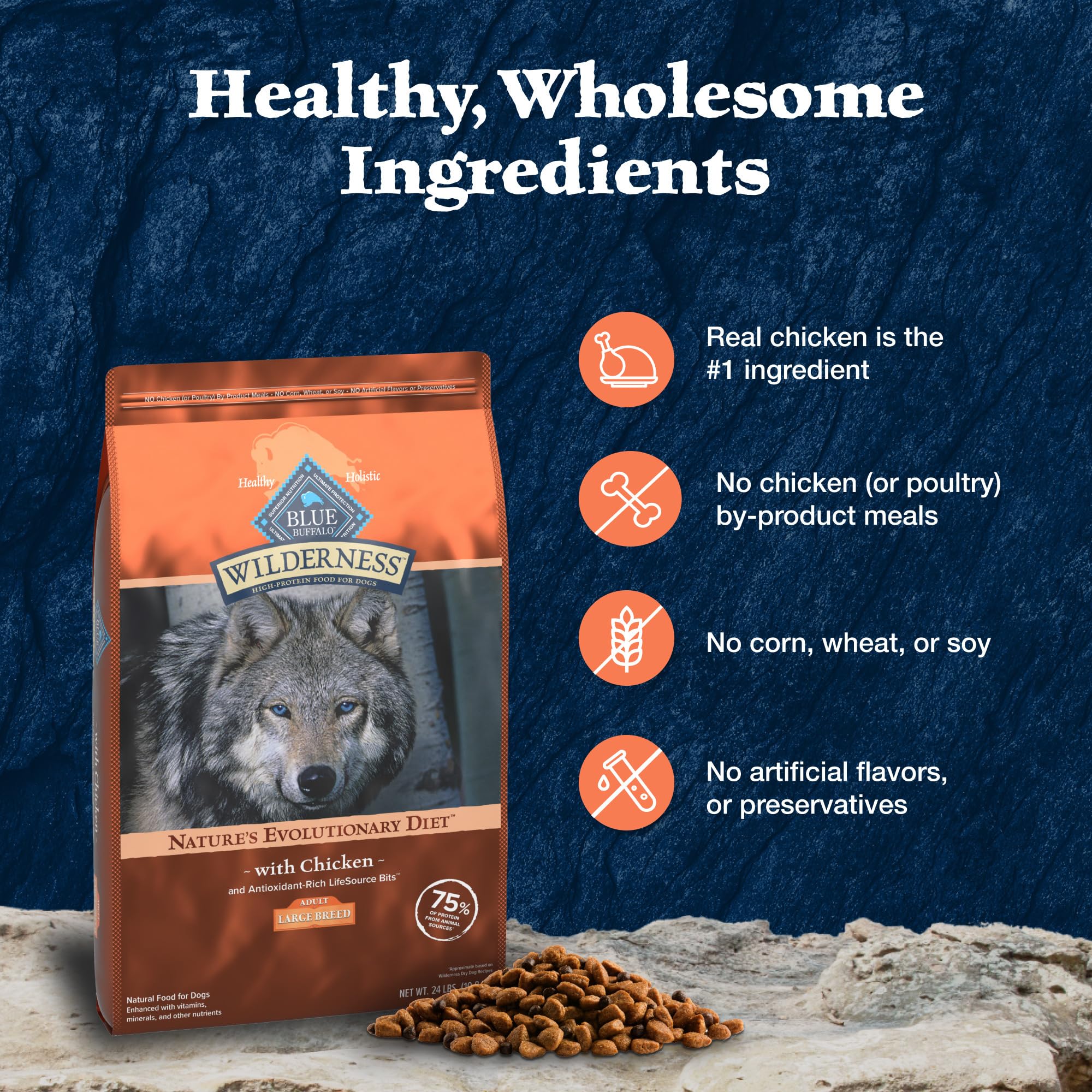 Blue Buffalo Wilderness Large Breed dog enjoys a meal at home.