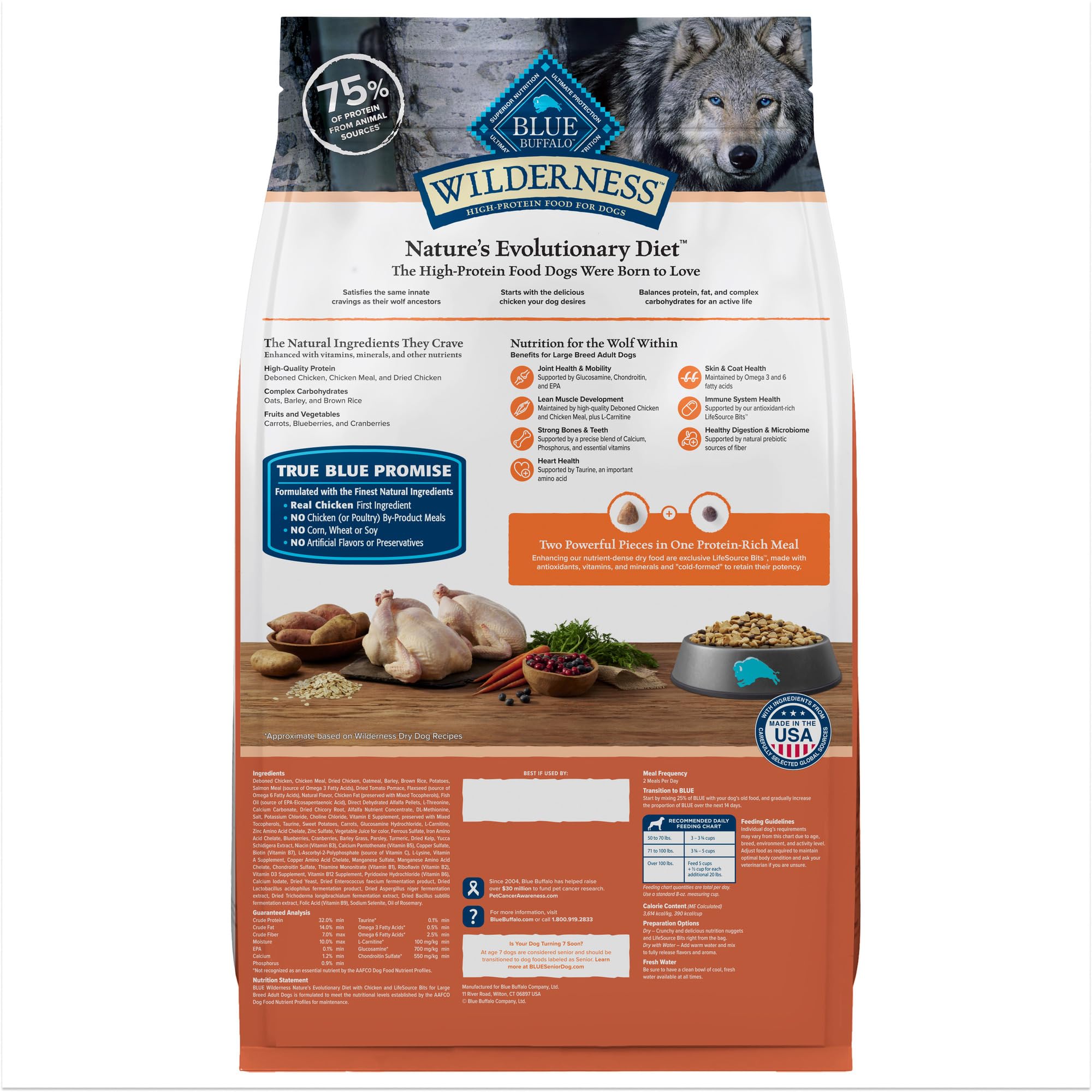 Close-up of Blue Buffalo Wilderness large-breed kibble highlighting real chicken first