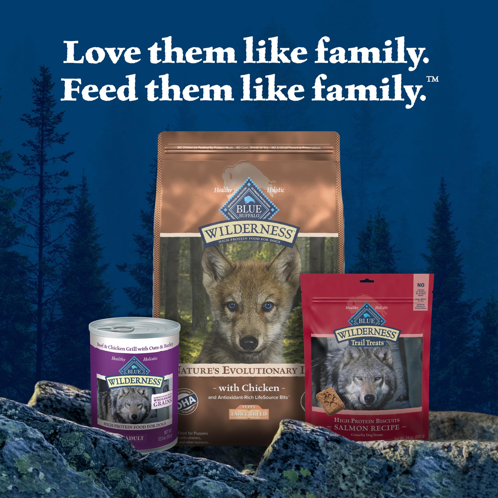 Blue Buffalo Wilderness 28-lb bag closeup communicates value and bulk feeding option.