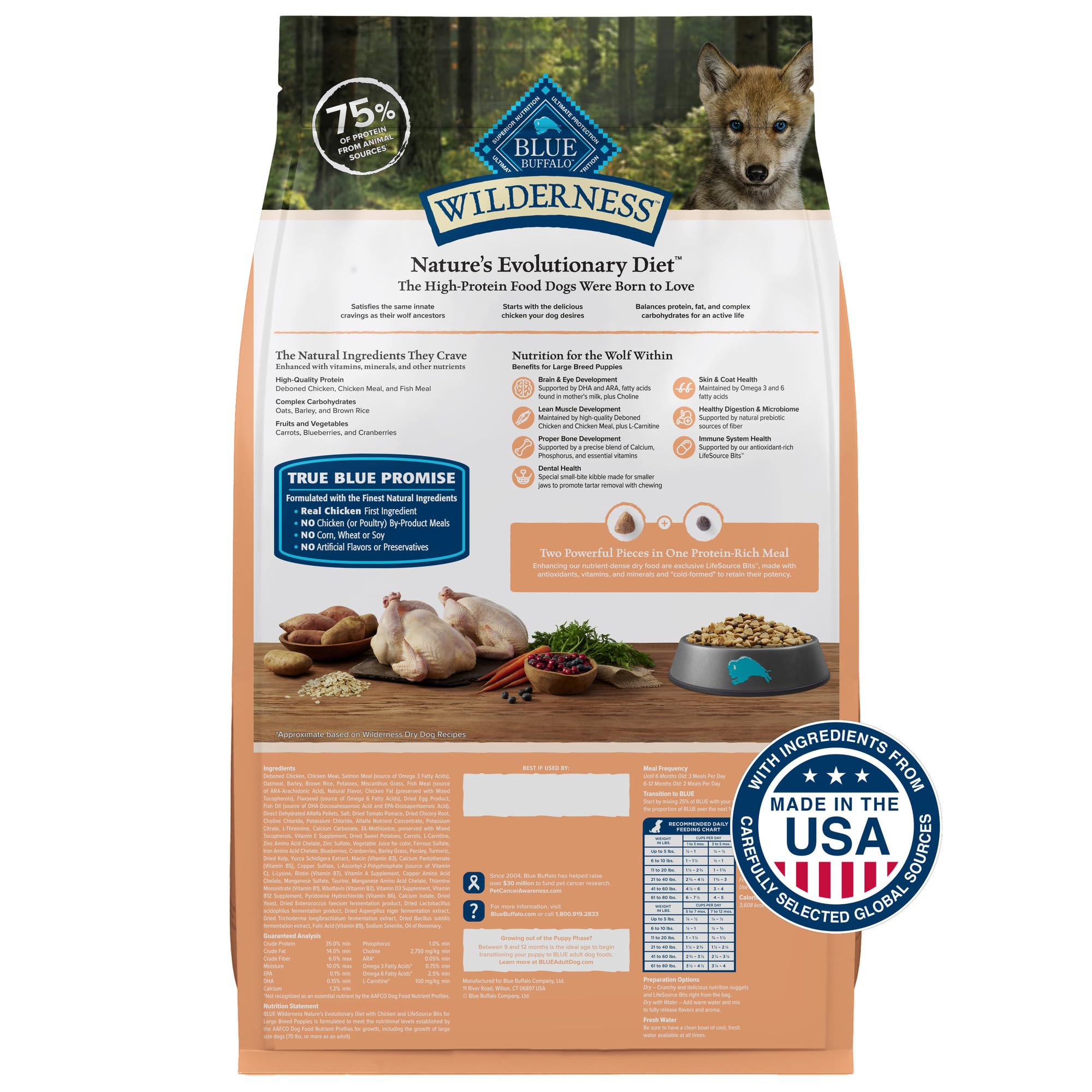 Blue Buffalo Wilderness large-breed puppy mealtime bowl showing balanced nutrition.