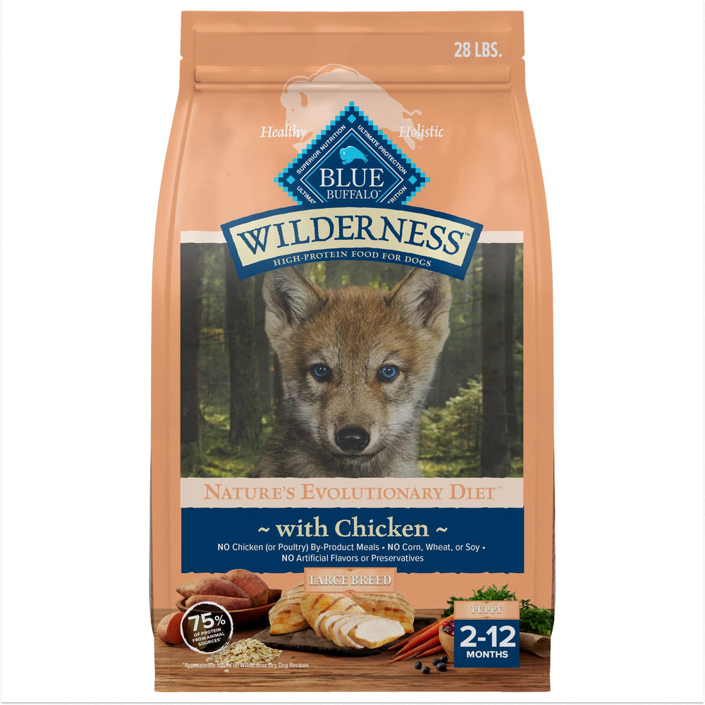 Blue Buffalo Wilderness large-breed puppy with real chicken first ingredient supports growing muscles.