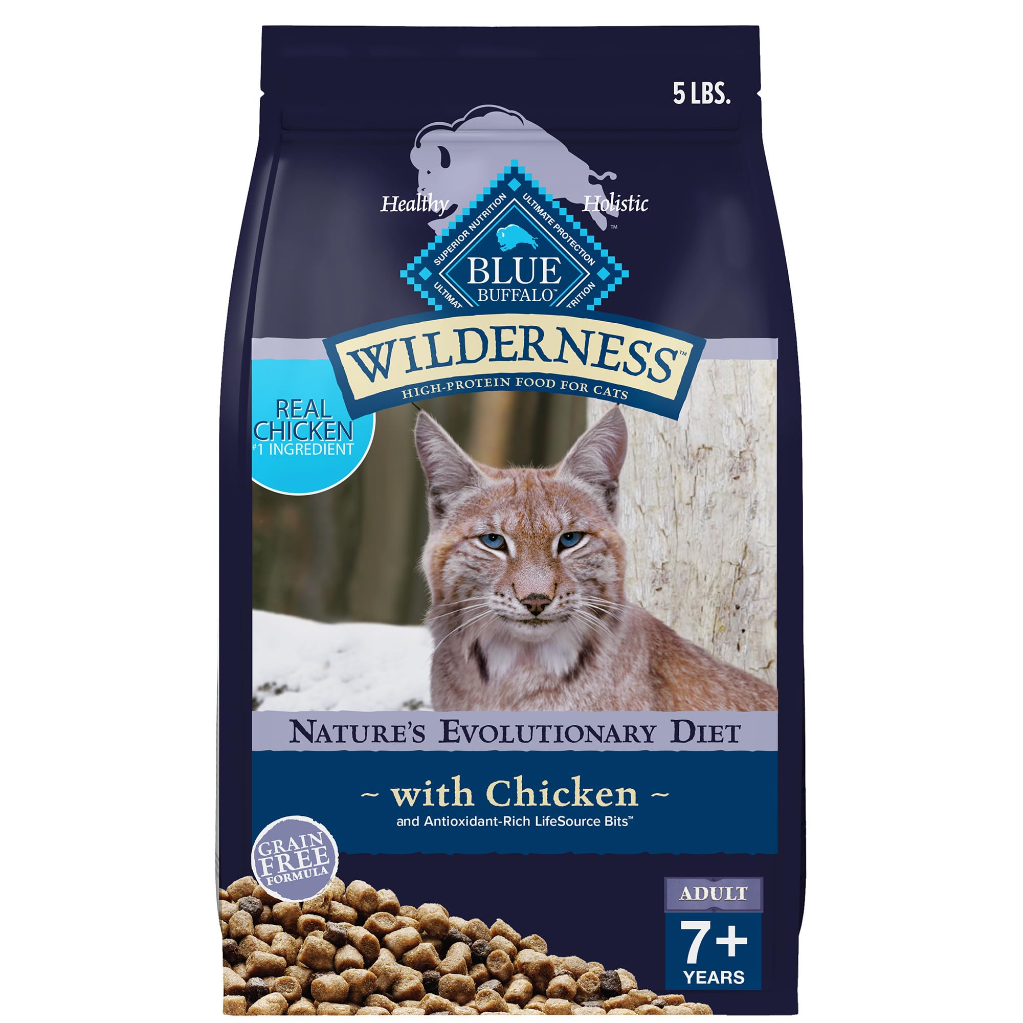 Blue Buffalo Wilderness Mature cat food showing real chicken first ingredient for senior cats