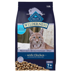 Blue Buffalo Wilderness Mature cat food showing real chicken first ingredient for senior cats