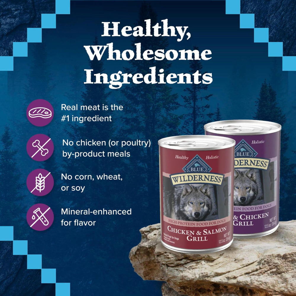 Blue Buffalo Wilderness no artificial flavors or preservatives in cans.