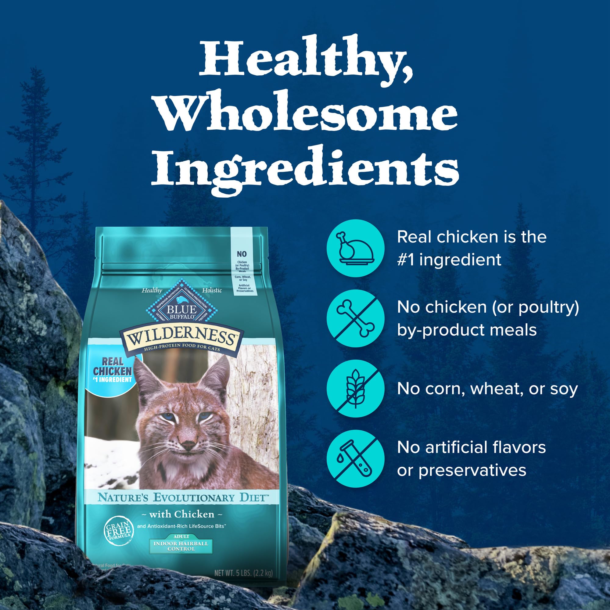 Blue Buffalo Wilderness no-byproduct meals, with no corn, wheat, or soy.